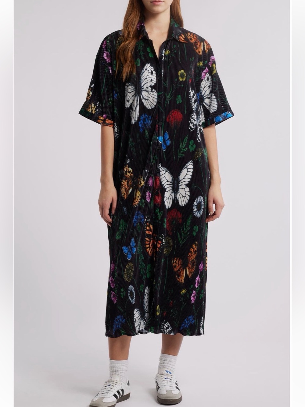 Dressed In Lala So Far So Good Print Plisse Satin Shirtdress